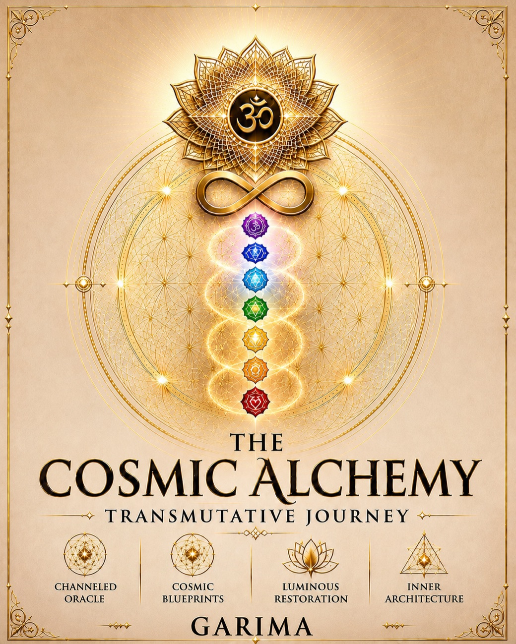 The Cosmic Alchemy by Garima — Om, infinity and chakra emblem in gold